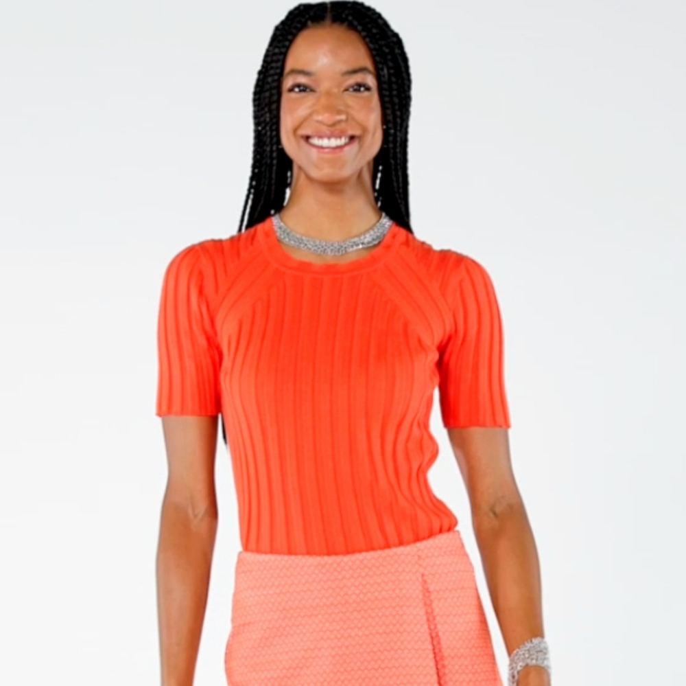 CAbi Bright Orange Ribbed Short Sleeve Top
